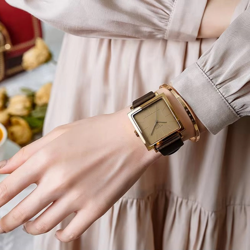 Women's Casual Square Case Leather Strap Quartz Wristwatch