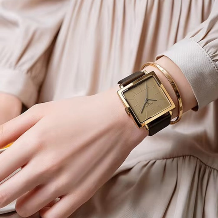 Women's Casual Square Case Leather Strap Quartz Wristwatch