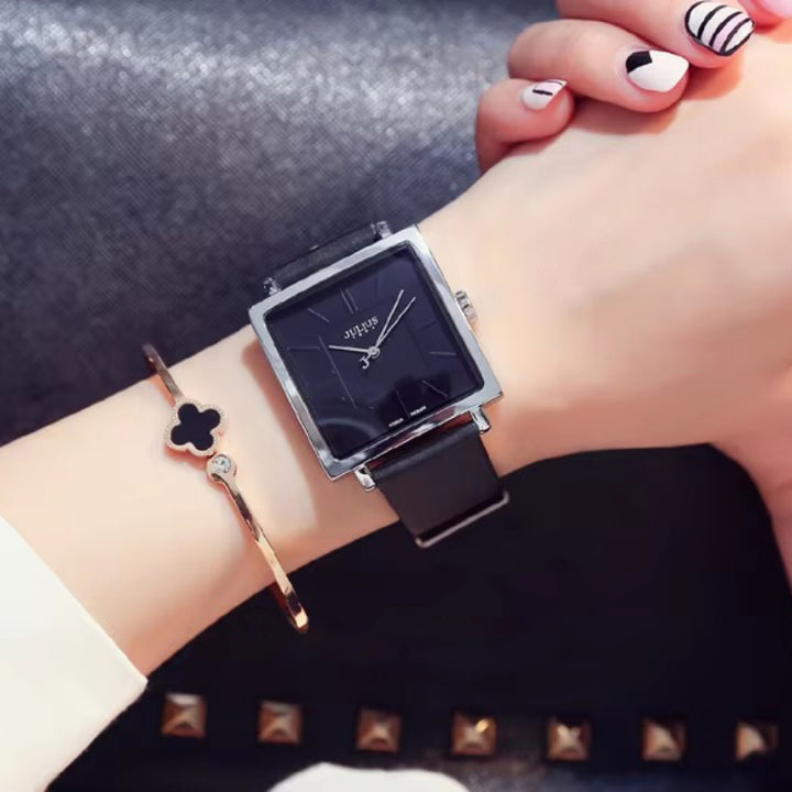 Women's Casual Square Case Leather Strap Quartz Wristwatch