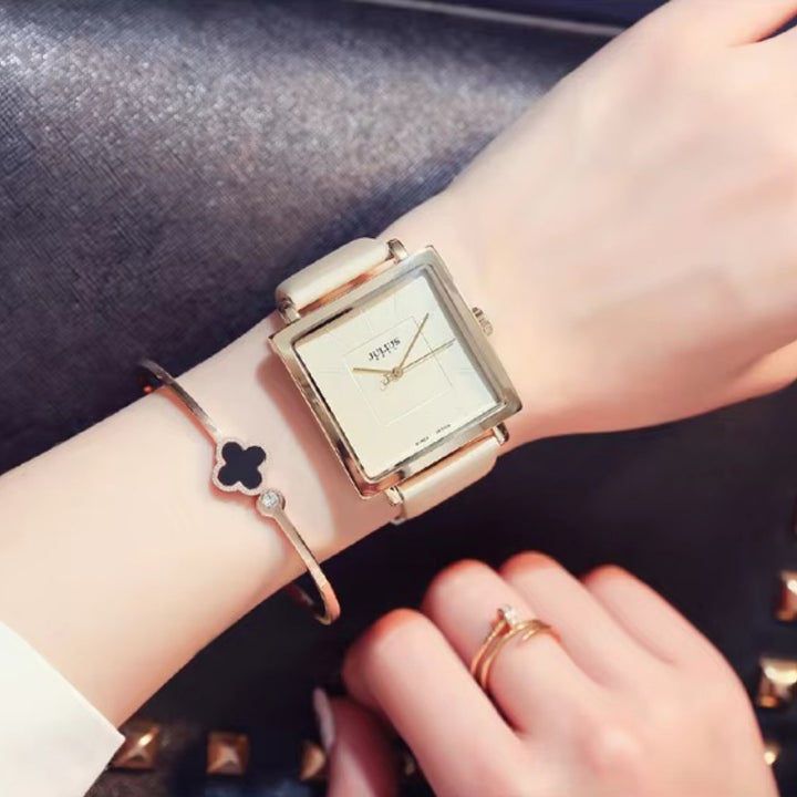 Women's Casual Square Case Leather Strap Quartz Wristwatch