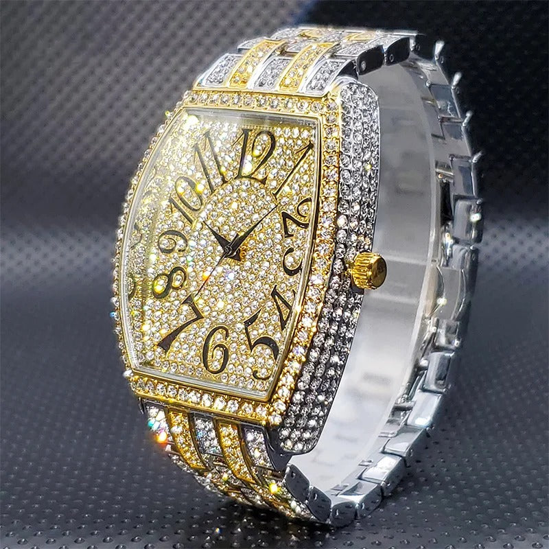 Deluxe Tonneau Shape Rhinestone Studded Stainless Steel Quartz Watch