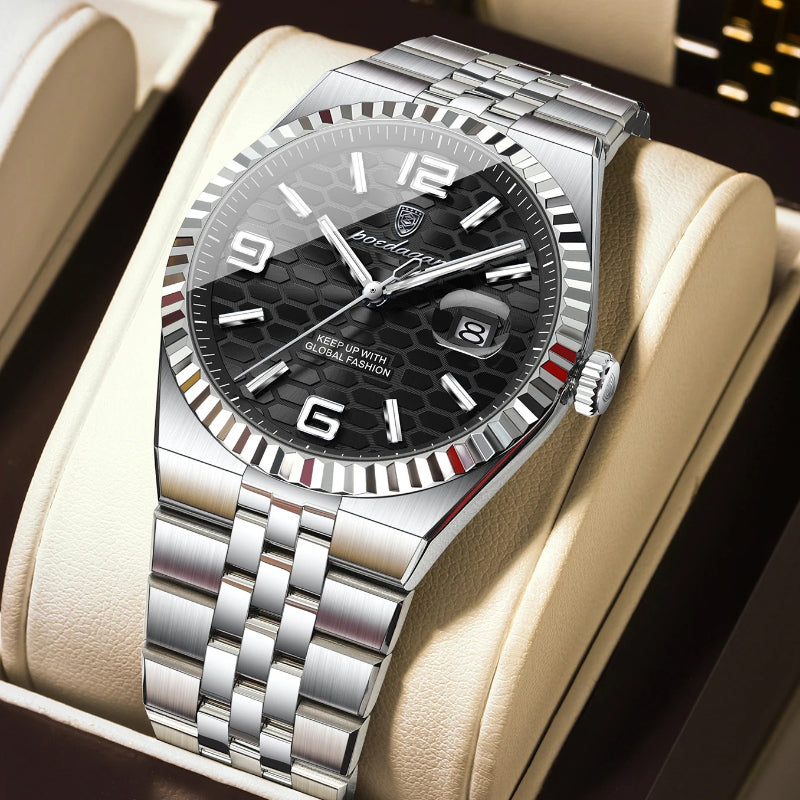 Honeycomb Textured Dial Stainless Steel Quartz Men's Watch