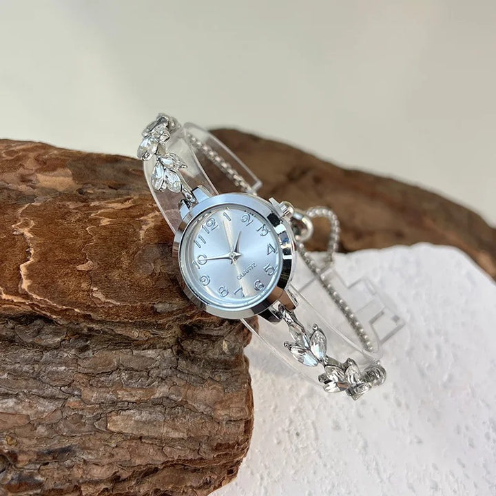 Chic Leaf Design Crystal-Encrusted Quartz Watch for Women