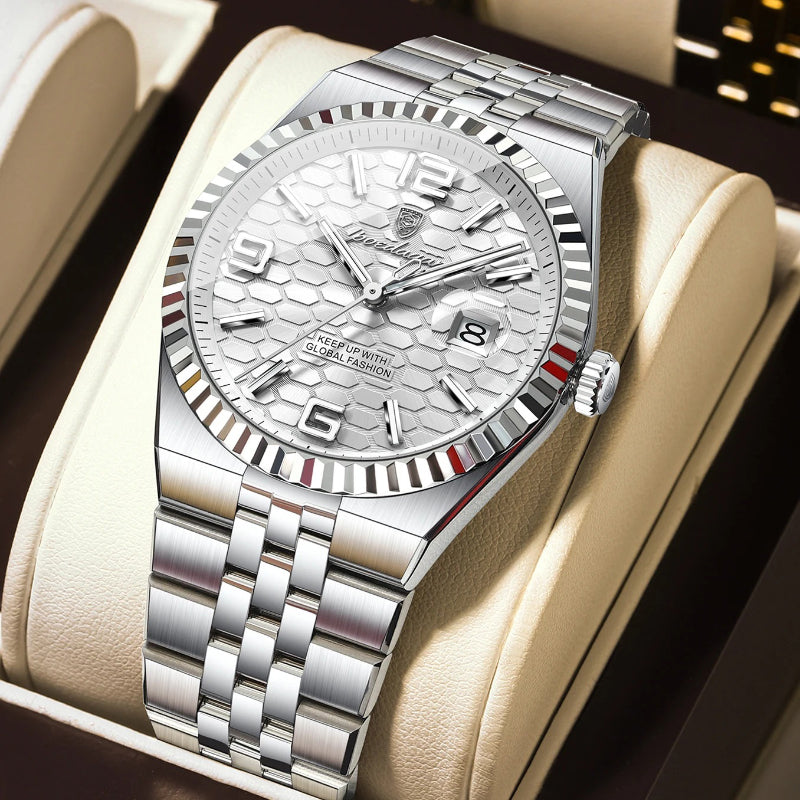 Honeycomb Textured Dial Stainless Steel Quartz Men's Watch