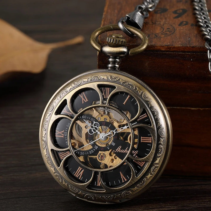 Vintage Hollow Style Roman Numerals Hand Wind Mechanical Pocket Watch