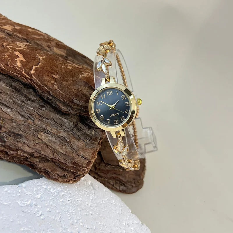 Chic Leaf Design Crystal-Encrusted Quartz Watch for Women