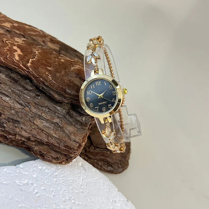 Chic Leaf Design Crystal-Encrusted Quartz Watch for Women