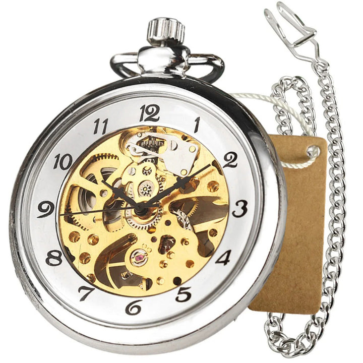 Transparent Skeleton Mechanical Hand Wind Pocket Watch with Chain
