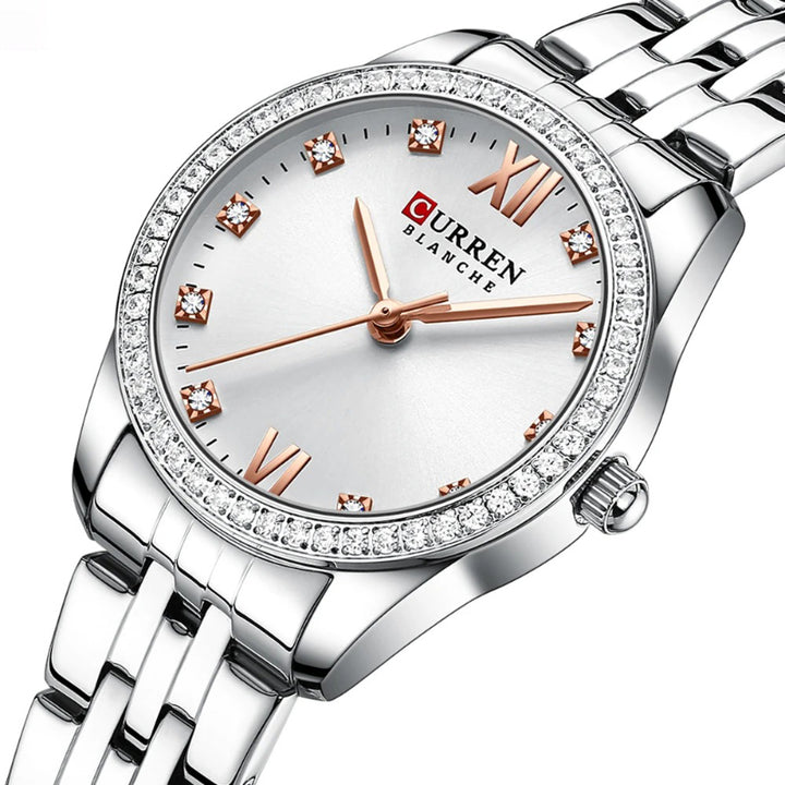Women's Rhinestone Accented Quartz Watch with Sword-Shaped Pointer