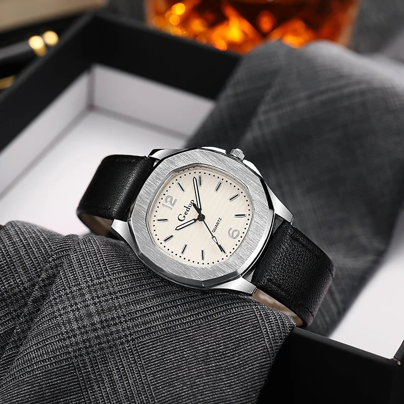 Contemporary Men's Leather Strap Quartz Watch with Geometric Design