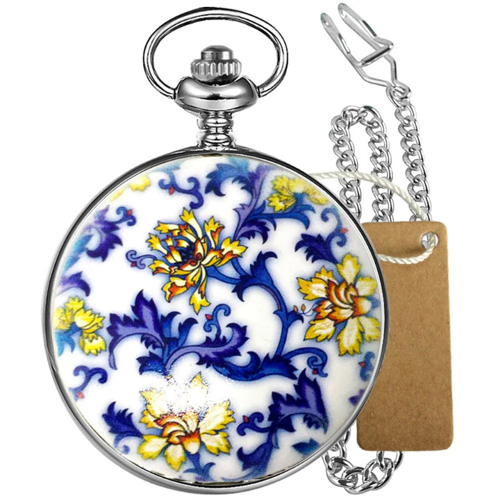Enchanted Floral Porcelain Case Mechanical Pocket Watch