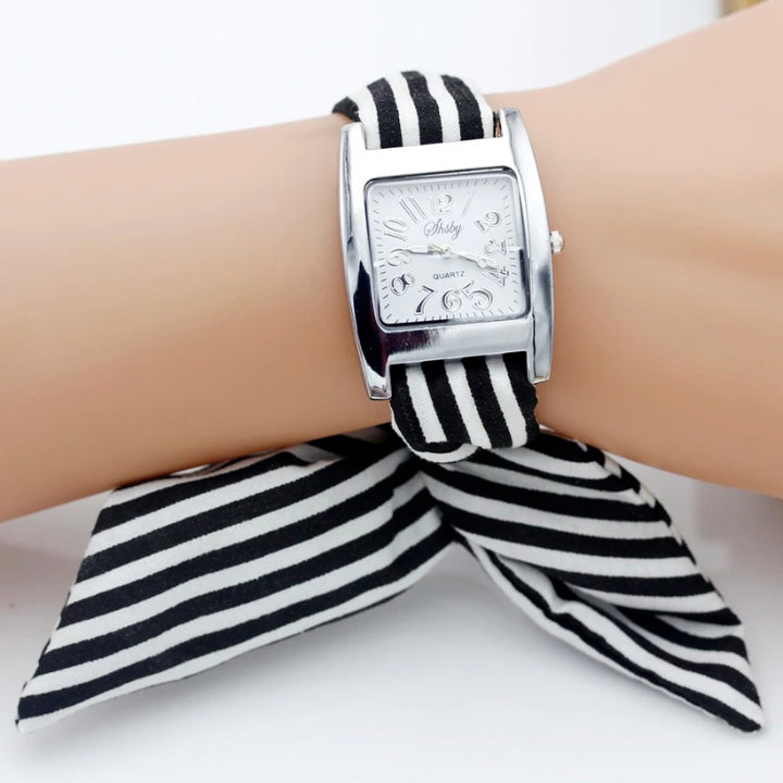 Hand Tie Stripe Cloth Fabric Strap Quartz Watch for Women