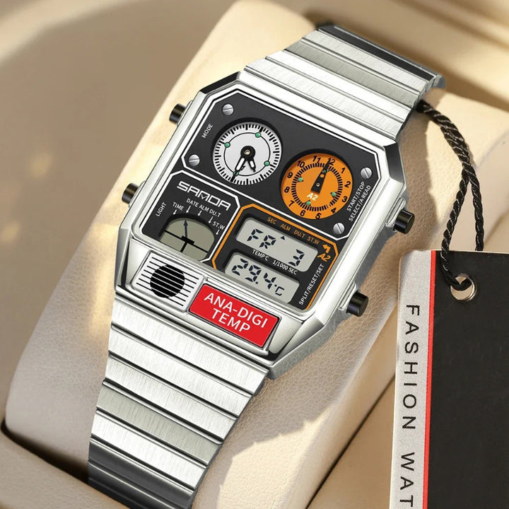 Retro Men's Digital Analog Watch with Triple Time Display