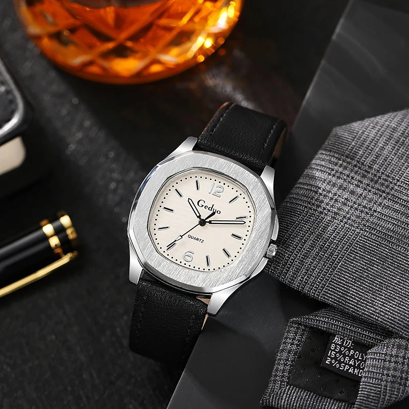 Contemporary Men's Leather Strap Quartz Watch with Geometric Design
