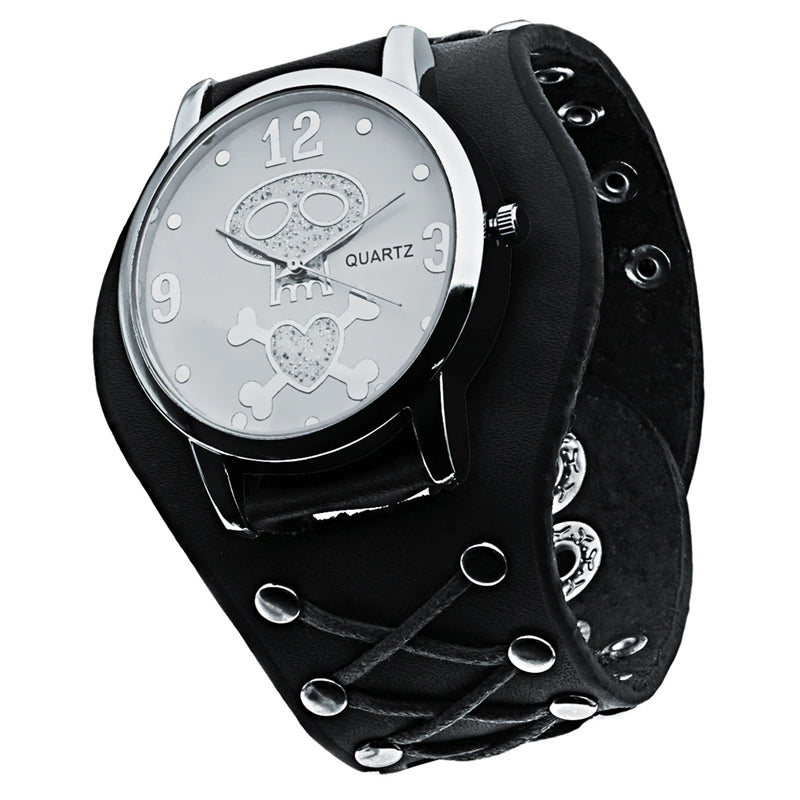 Edgy Gothic Skull Design Leather Strap Quartz Wristwatch