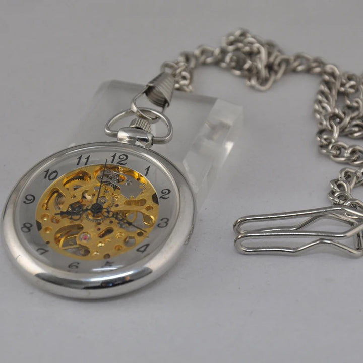 Transparent Skeleton Mechanical Hand Wind Pocket Watch with Chain