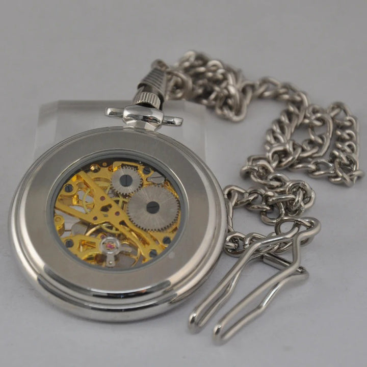 Transparent Skeleton Mechanical Hand Wind Pocket Watch with Chain