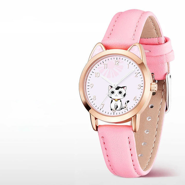 Cute Cat Dial Design Kid's Quartz Watch with Easy-to-Read Time Display