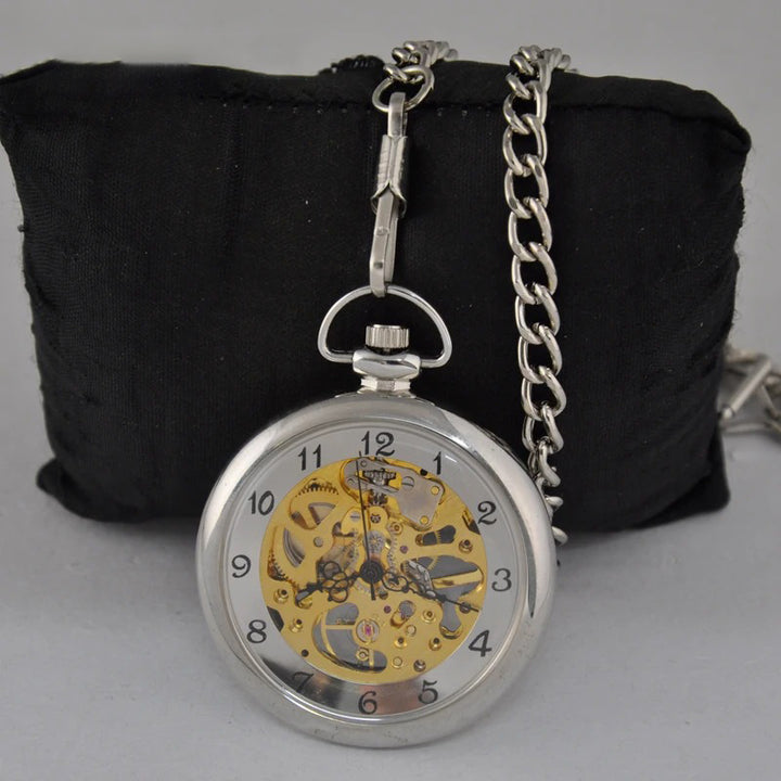 Transparent Skeleton Mechanical Hand Wind Pocket Watch with Chain