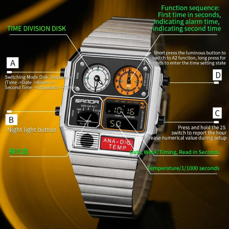 Retro Men's Digital Analog Watch with Triple Time Display