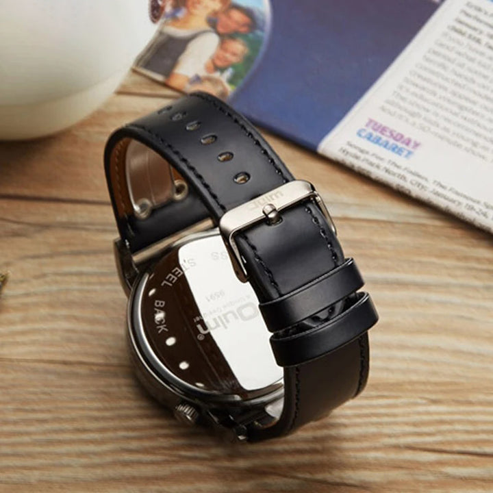 Steampunk-inspired Sun and Moon Dial Watch with PU Leather Rivet Strap