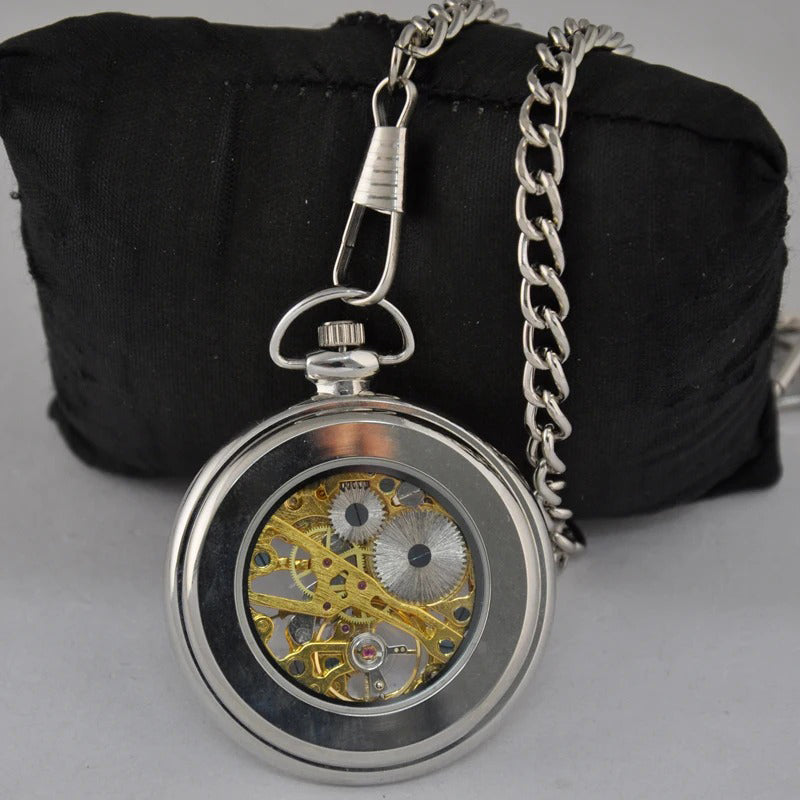 Transparent Skeleton Mechanical Hand Wind Pocket Watch with Chain