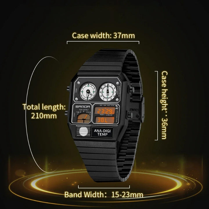 Retro Men's Digital Analog Watch with Triple Time Display