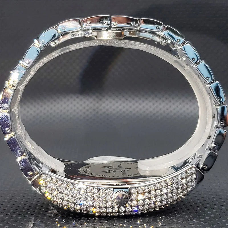 Deluxe Tonneau Shape Rhinestone Studded Stainless Steel Quartz Watch