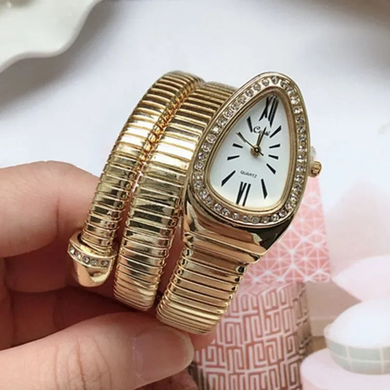 Women's Quartz Watch with Rhinestone Decorated Snake Head Dial