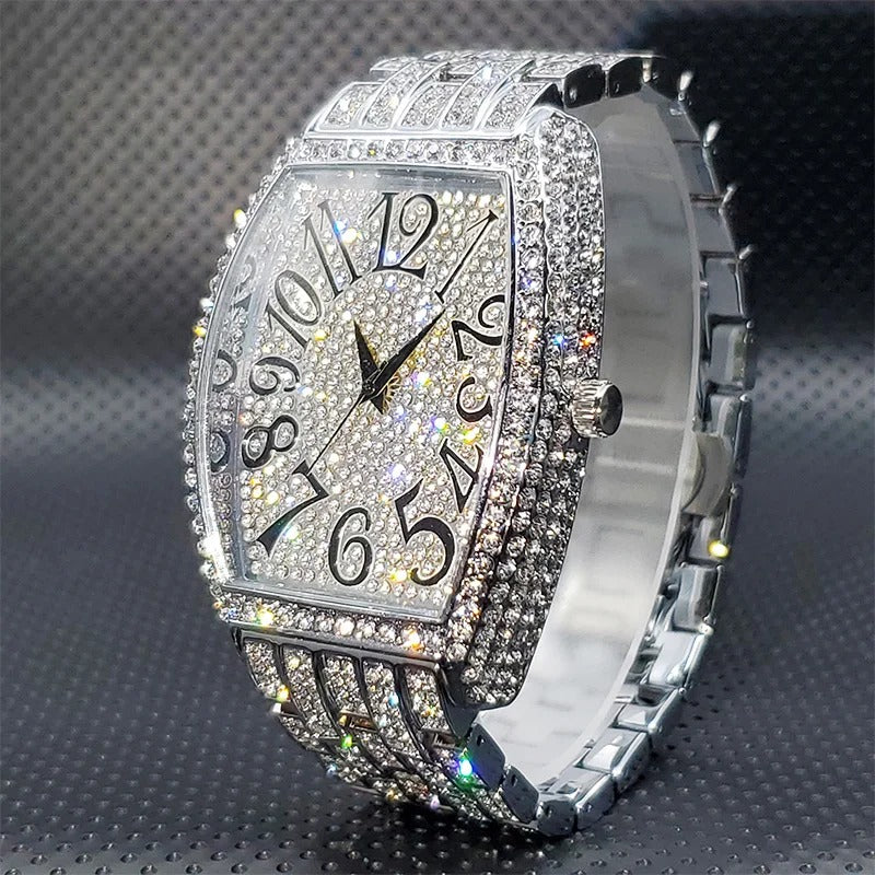 Deluxe Tonneau Shape Rhinestone Studded Stainless Steel Quartz Watch