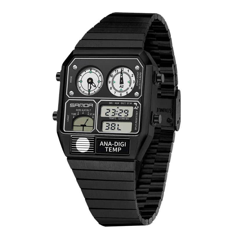 Retro Men's Digital Analog Watch with Triple Time Display