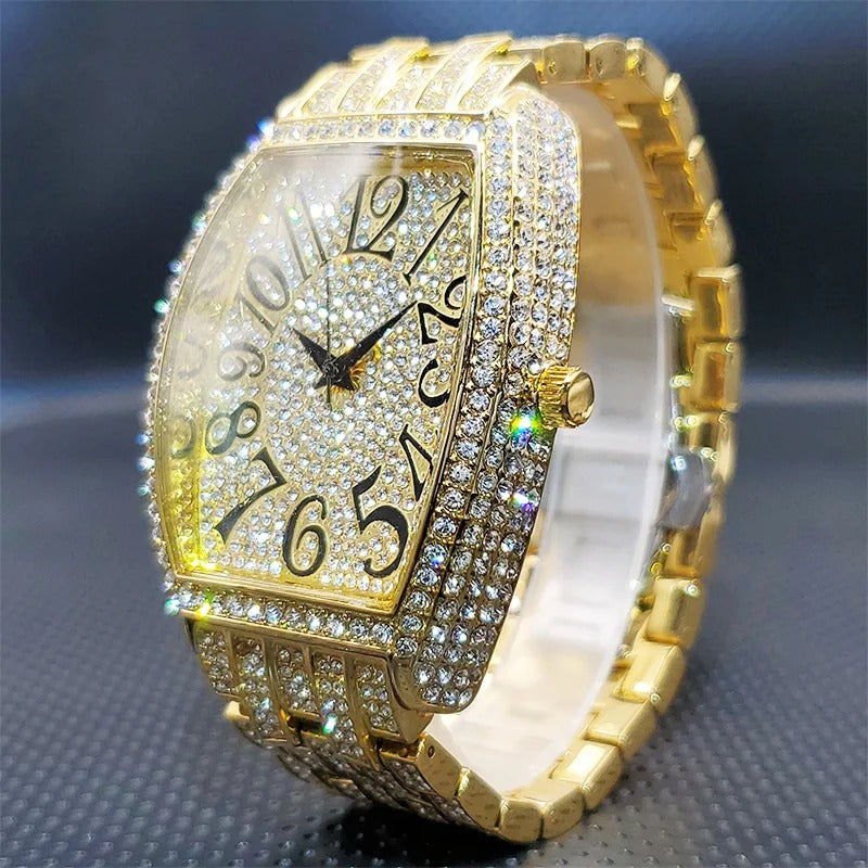 Deluxe Tonneau Shape Rhinestone Studded Stainless Steel Quartz Watch
