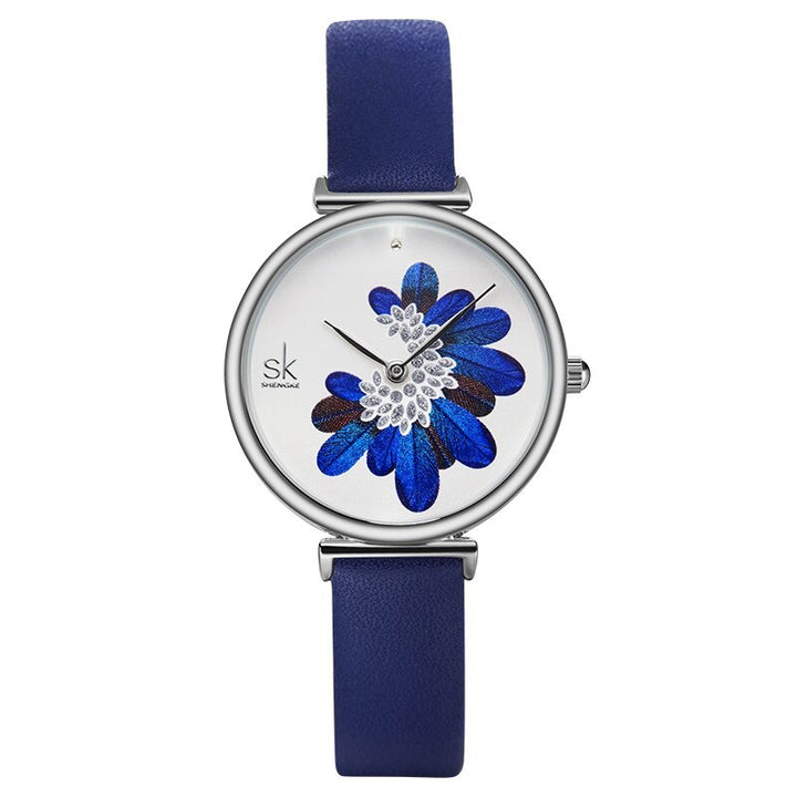 High-Fashion 3D Blue Feather Dial with Vegan Leather Strap Quartz Watch