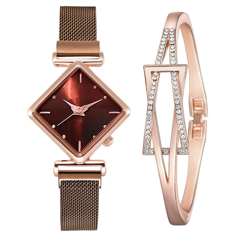 Unique Diamond-Shaped Dial with Magnetic Buckle Steel Mesh Strap Quartz Watches