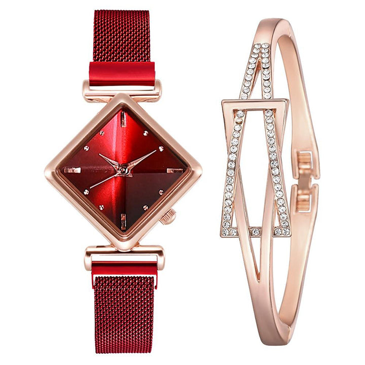 Unique Diamond-Shaped Dial with Magnetic Buckle Steel Mesh Strap Quartz Watches
