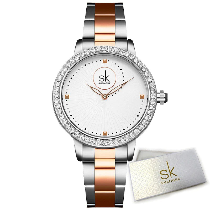 Women's Casual Rhinestone Embellished Conch Pattern Dial Quartz Watches