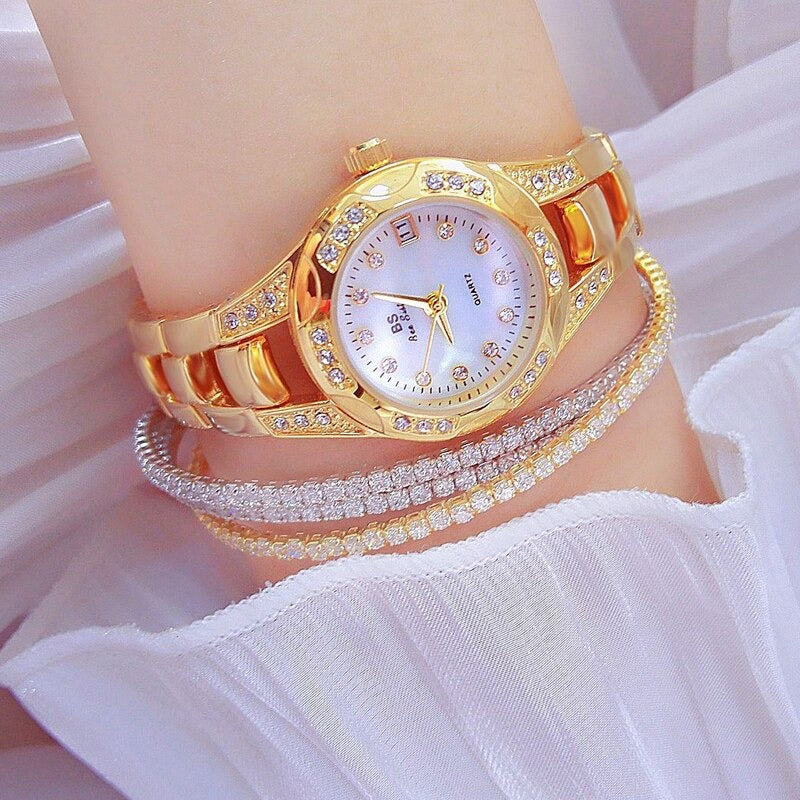 Women's Dazzling Rhinestone Accented Small Round-Shaped Dial Quartz Watches