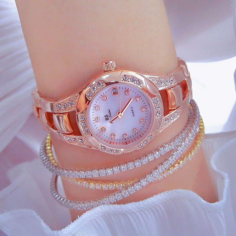 Women's Dazzling Rhinestone Accented Small Round-Shaped Dial Quartz Watches