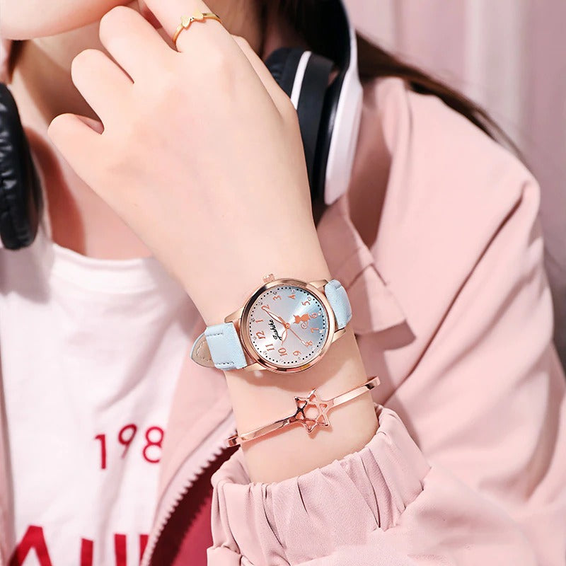 Pretty Cat Pattern Dial Vegan Leather Strap Quartz Watches