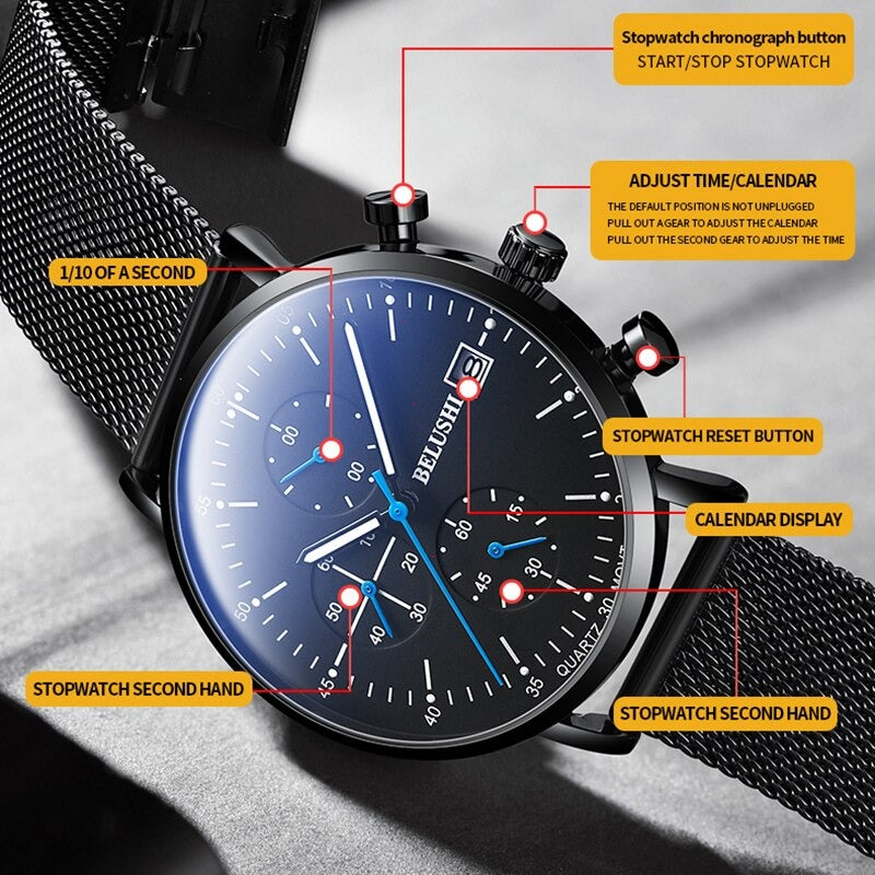 Stainless Steel Luminous Hands Large Dial Chronograph Watches