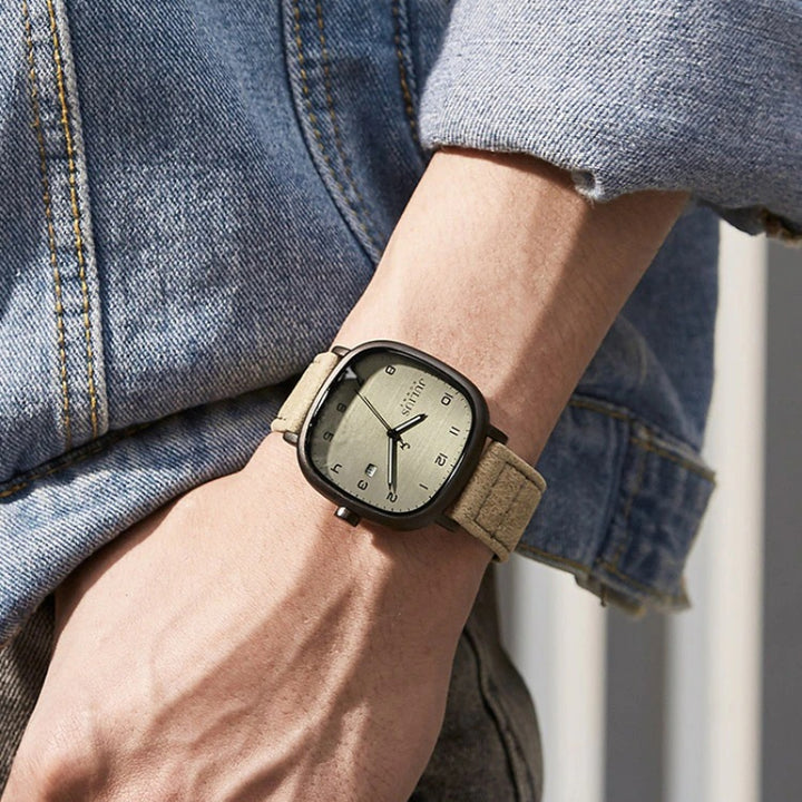 Sporty Trend Large Square Case with Tough Vegan Leather Strap Quartz Watches