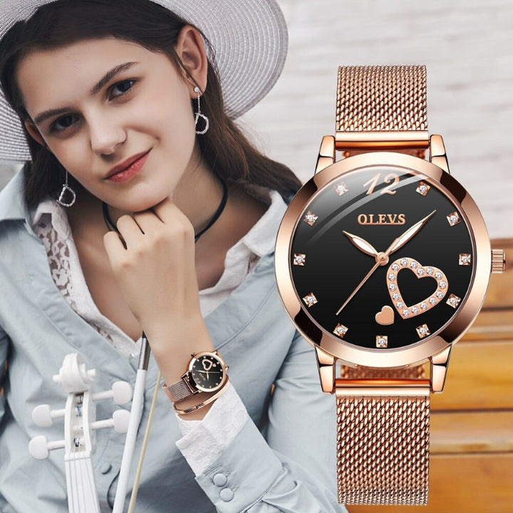 Romantic Double Heart-Shaped Rhinestone Dial Quartz Watches
