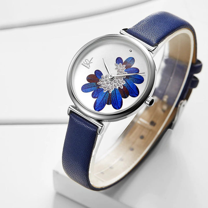 High-Fashion 3D Blue Feather Dial with Vegan Leather Strap Quartz Watch