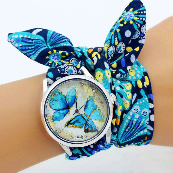 Wrap Around Flower Pattern Cloth Strap Quartz Watches