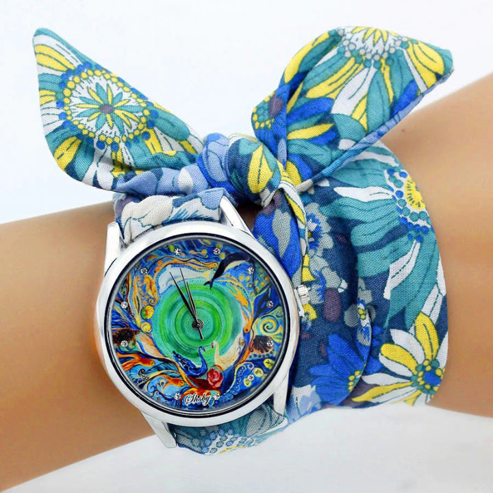 Wrap Around Flower Pattern Cloth Strap Quartz Watches