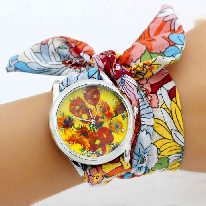 Wrap Around Flower Pattern Cloth Strap Quartz Watches