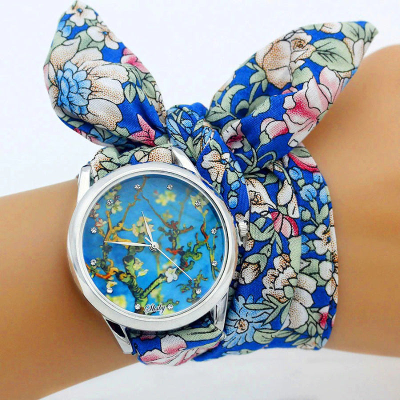 Wrap Around Flower Pattern Cloth Strap Quartz Watches
