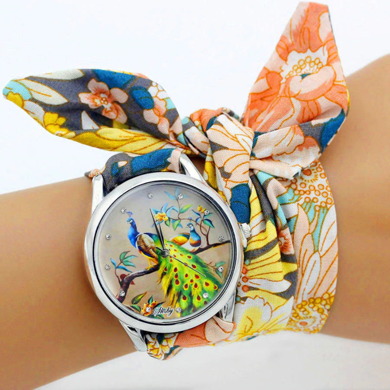 Wrap Around Flower Pattern Cloth Strap Quartz Watches