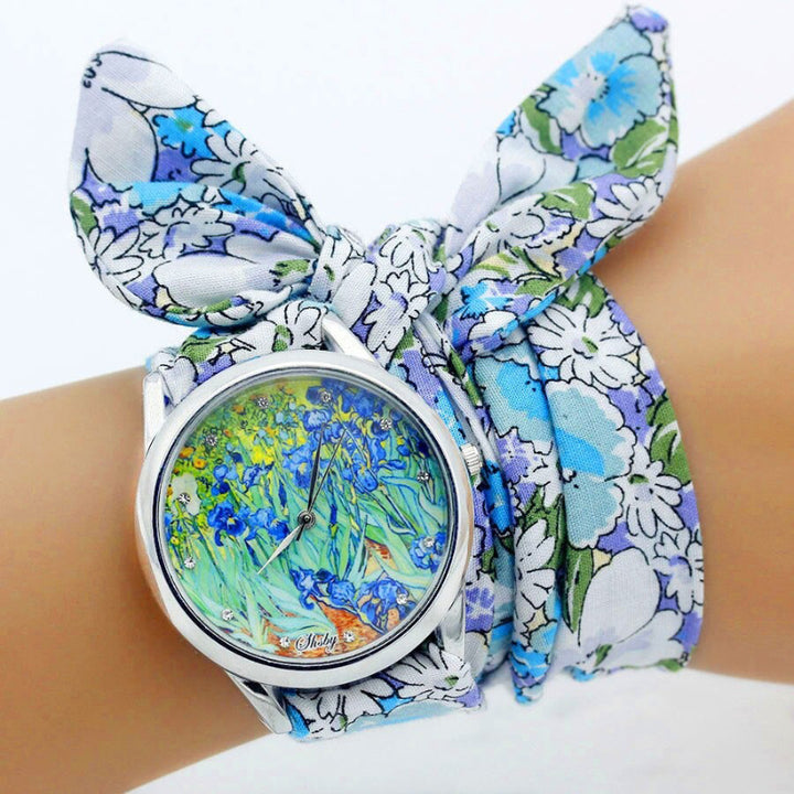 Wrap Around Flower Pattern Cloth Strap Quartz Watches