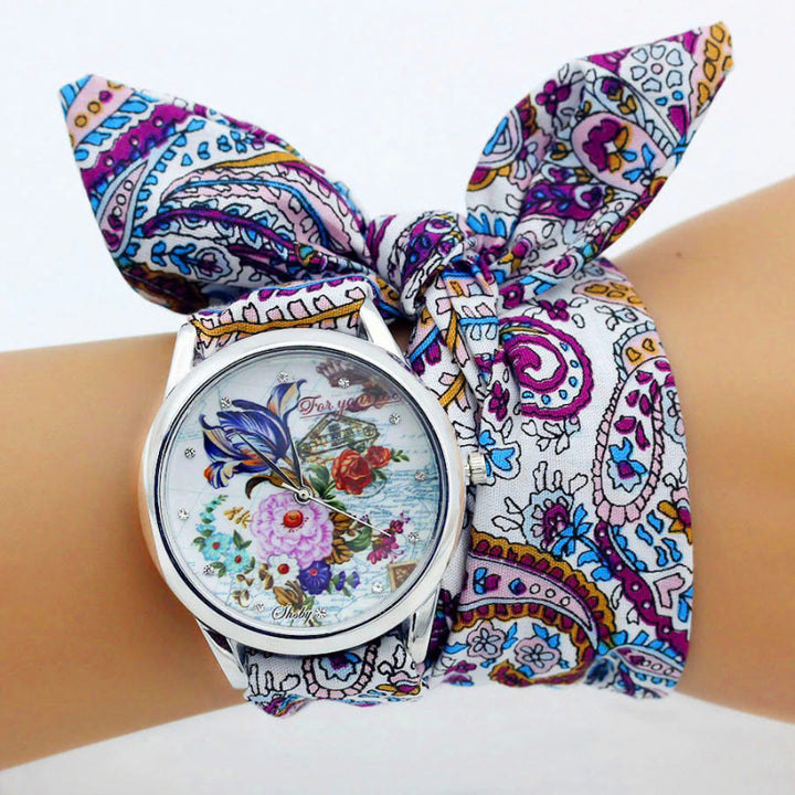 Wrap Around Flower Pattern Cloth Strap Quartz Watches